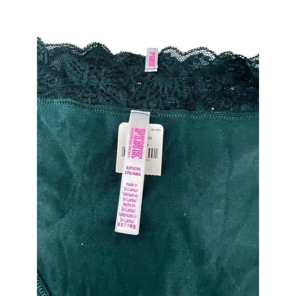 Victoria's Secret PINK  Deep Green Hipster Lace Trim Rhinestone Accent Small
